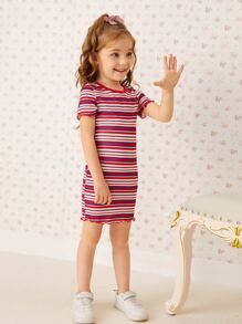 SHEIN Young Girl Toddler Girls Striped Print Lettuce Trim Dress - Multicolor - View 4