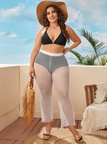 Plus High Waist Mesh Trousers Without Panty - White - View 3