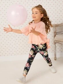 SHEIN Bộ thời trang bé gái Xù Viên lá sen Hoa Dễ thương - Nhiều màu - Xem 3