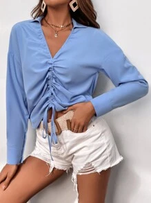 Drop Shoulder Drawstring Blouse - Blue - View 1