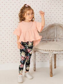 SHEIN Bộ thời trang bé gái Xù Viên lá sen Hoa Dễ thương - Nhiều màu - Xem 5