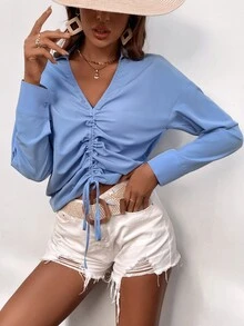 Drop Shoulder Drawstring Blouse - Blue - View 4