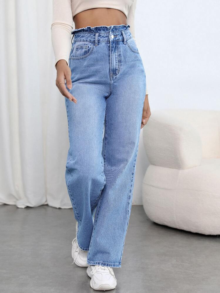 Jeans fruncido de talle alto con lavado ligero - Lavado ligero - Ver 1