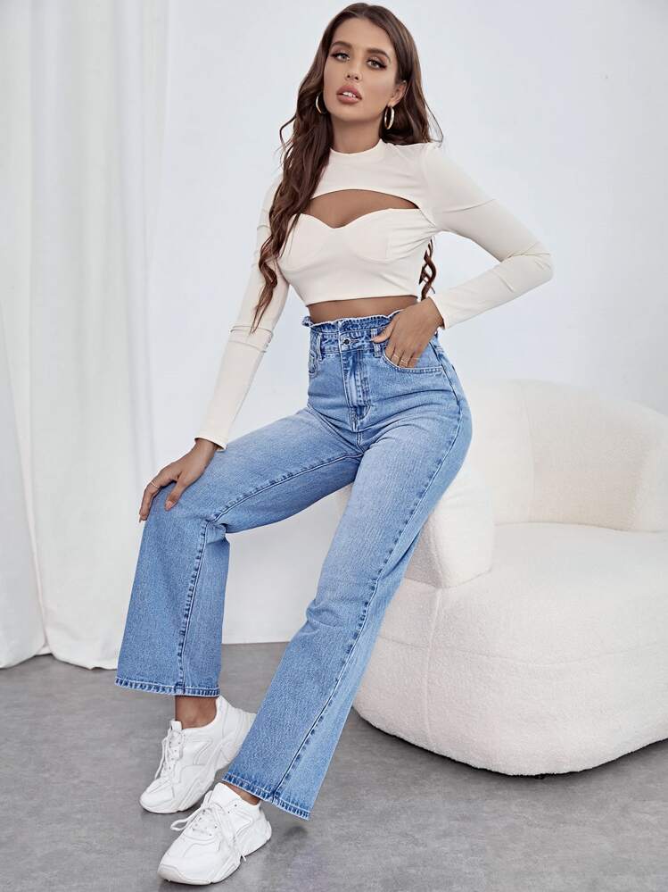 Jeans fruncido de talle alto con lavado ligero - Lavado ligero - Ver 4