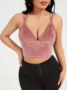 SHEIN SXY 交叉羅紋針織絲絨吊帶短上衣 - 藕粉色 - 查看 1