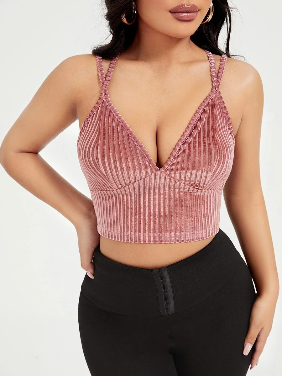SHEIN SXY 交叉羅紋針織絲絨吊帶短上衣 - 藕粉色 - 查看 1