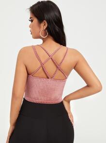 SHEIN SXY 交叉羅紋針織絲絨吊帶短上衣 - 藕粉色 - 查看 2