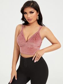 SHEIN SXY 交叉羅紋針織絲絨吊帶短上衣 - 藕粉色 - 查看 3