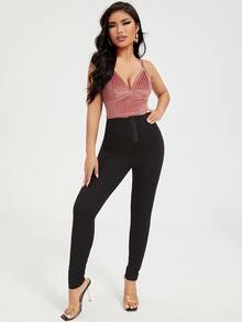 SHEIN SXY 交叉羅紋針織絲絨吊帶短上衣 - 藕粉色 - 查看 5