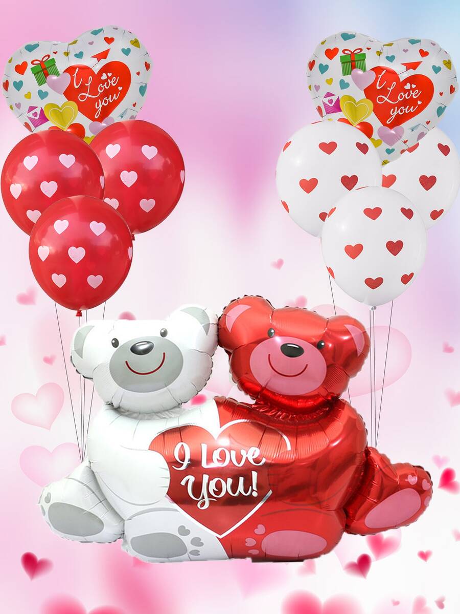 9入組情人節熊形狀氣球套裝 - 彩色 - 查看 1