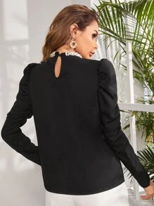 SHEIN Tall Keyhole Back Gigot Sleeve Pearls Beaded Top - Black - View 3