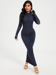 SHEIN Privé 蕾絲袖抽褶細節連衣裙 - 藏蓝色 - 查看 1