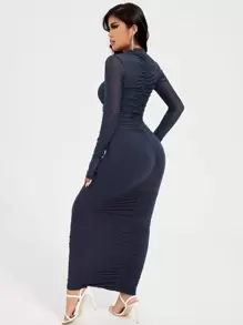 SHEIN Privé 蕾絲袖抽褶細節連衣裙 - 藏蓝色 - 查看 2