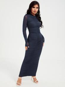 SHEIN Privé 蕾絲袖抽褶細節連衣裙 - 藏蓝色 - 查看 3