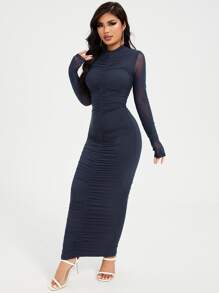 SHEIN Privé 蕾絲袖抽褶細節連衣裙 - 藏蓝色 - 查看 5