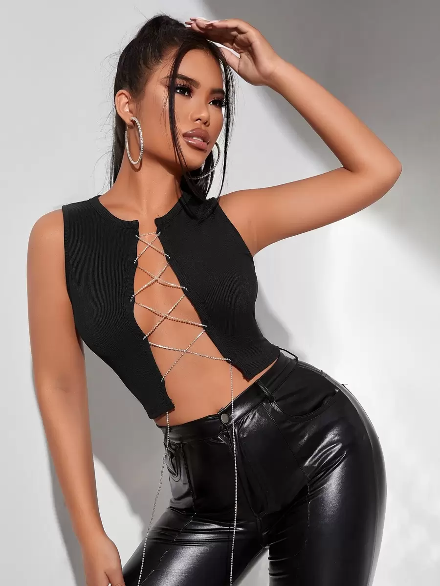 SHEIN Unity Rhinestone Chain Lace Up Front Tank Top - Black - View 1