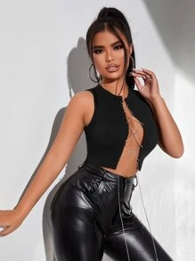 SHEIN Unity Rhinestone Chain Lace Up Front Tank Top - Black - View 4