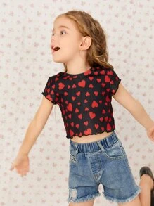 SHEIN 小女童滿版心形印花羅紋針織T恤 - 彩色 - 查看 1