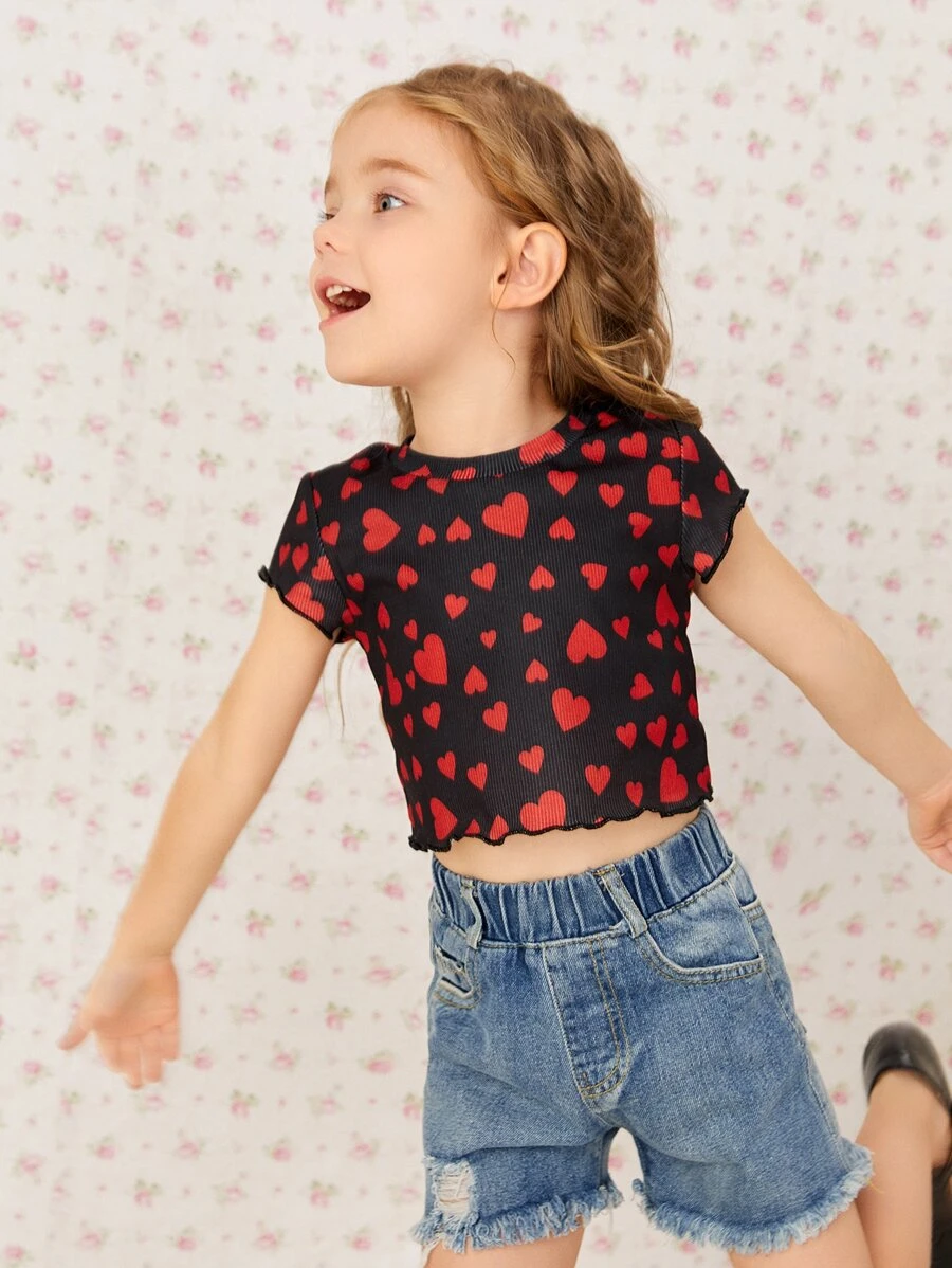 SHEIN 小女童滿版心形印花羅紋針織T恤 - 彩色 - 查看 1