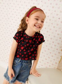 SHEIN 小女童滿版心形印花羅紋針織T恤 - 彩色 - 查看 3