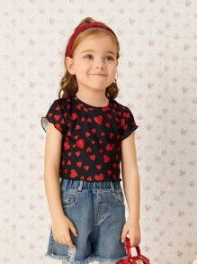 SHEIN 小女童滿版心形印花羅紋針織T恤 - 彩色 - 查看 4