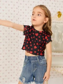 SHEIN 小女童滿版心形印花羅紋針織T恤 - 彩色 - 查看 5