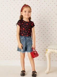 SHEIN 小女童滿版心形印花羅紋針織T恤 - 彩色 - 查看 6