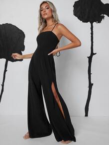 SHEIN Privé Lace Up Backless Wide Leg Jumpsuit - Black - View 1