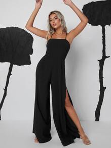 SHEIN Privé Lace Up Backless Wide Leg Jumpsuit - Black - View 3
