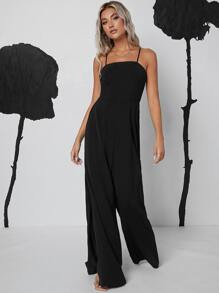 SHEIN Privé Lace Up Backless Wide Leg Jumpsuit - Black - View 5