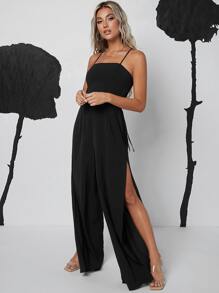 SHEIN Privé Lace Up Backless Wide Leg Jumpsuit - Black - View 6