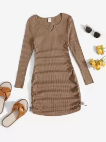 SHEIN Tween Girl Solid Notched Drawstring Dress - Camel - View 1