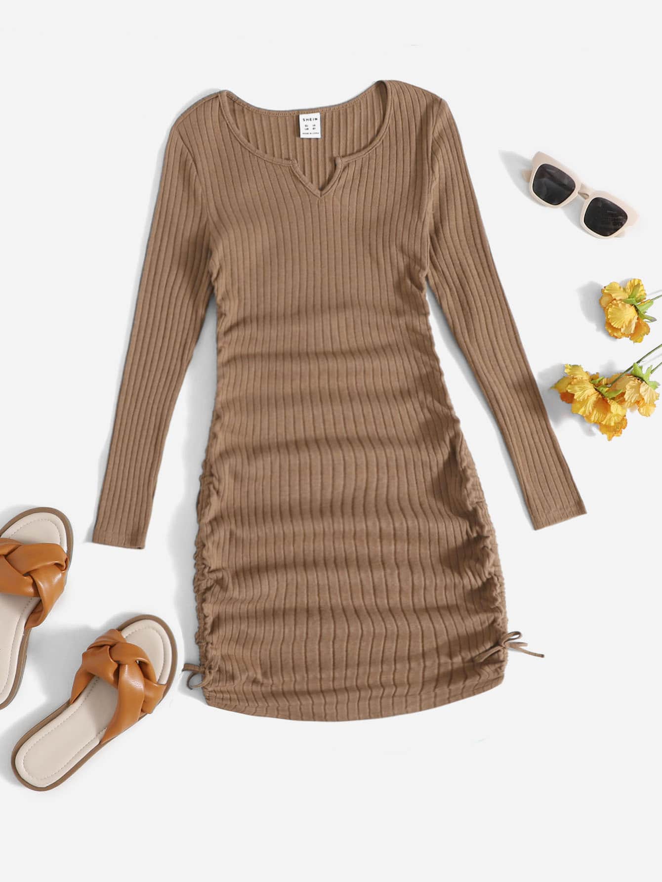 SHEIN Tween Girl Solid Notched Drawstring Dress - Camel - View 1