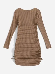 SHEIN Tween Girl Solid Notched Drawstring Dress - Camel - View 2