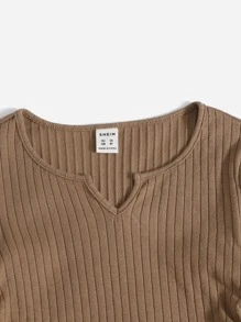 SHEIN Tween Girl Solid Notched Drawstring Dress - Camel - View 4