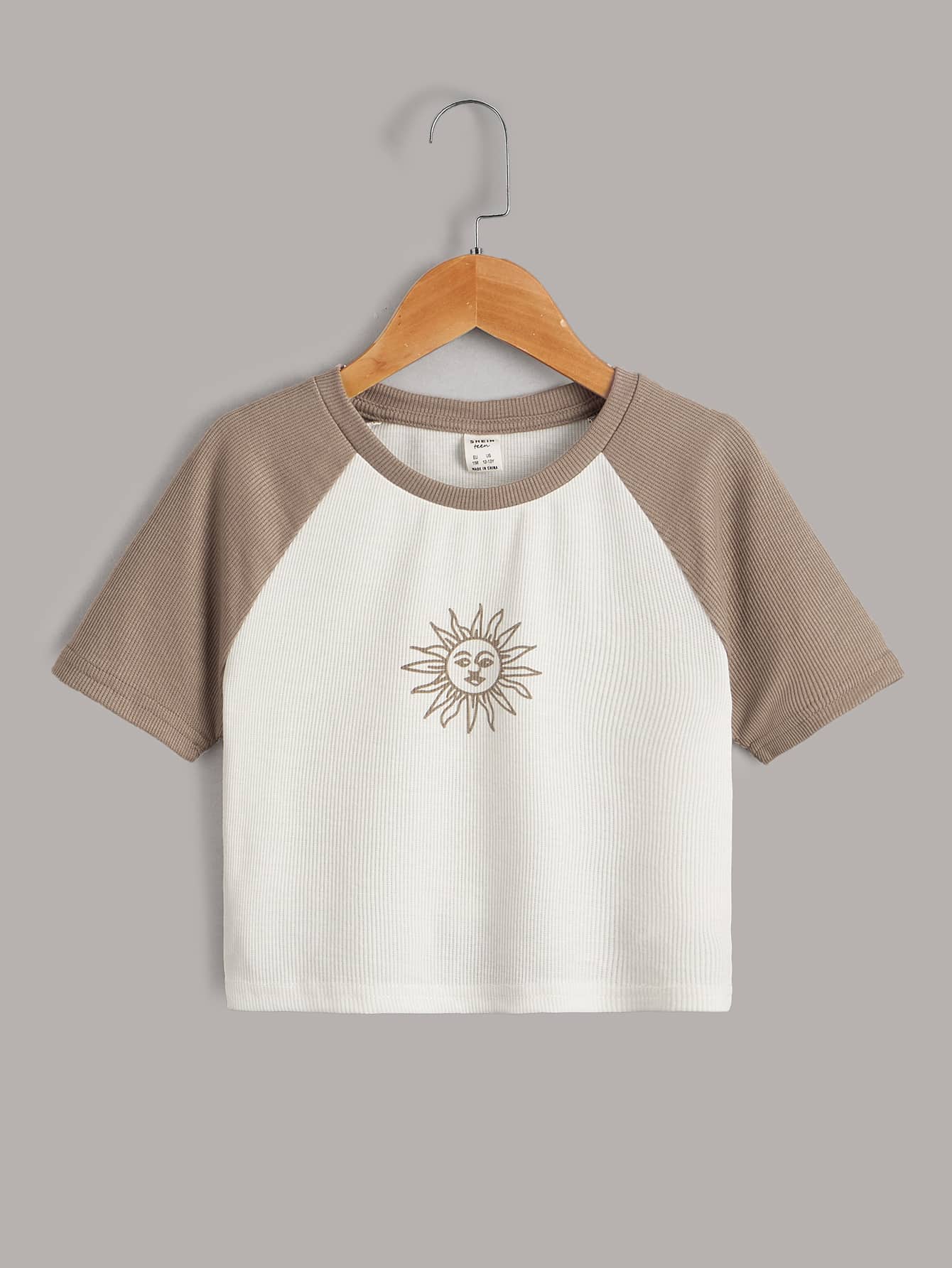 SHEIN Teen Girls Colourblock Raglan Sleeve Sun Print Tee - White - View 1