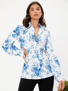 SHEIN Unity 印花鏤空前紐扣襯衫 - 藍白色 - 查看 5