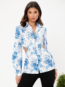 SHEIN Unity 印花鏤空前紐扣襯衫 - 藍白色 - 查看 1