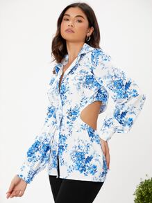 SHEIN Unity 印花鏤空前紐扣襯衫 - 藍白色 - 查看 4