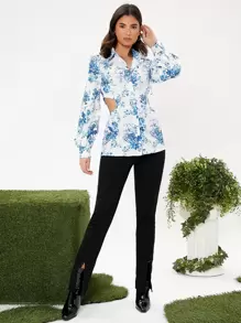 SHEIN Unity 印花鏤空前紐扣襯衫 - 藍白色 - 查看 3