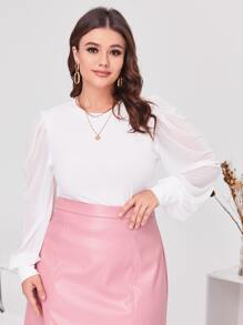 SHEIN Clasi áo nữ kích thước lớn Tương phản Mesh cắt Gân đan màu trơn Giải trí - trắng - Xem 1