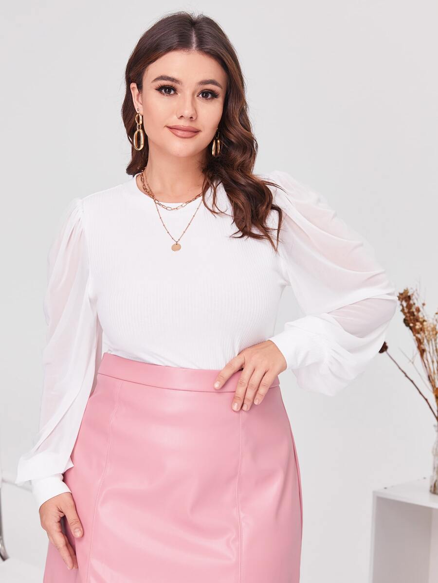 SHEIN Clasi áo nữ kích thước lớn Tương phản Mesh cắt Gân đan màu trơn Giải trí - trắng - Xem 1