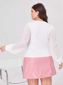 SHEIN Clasi áo nữ kích thước lớn Tương phản Mesh cắt Gân đan màu trơn Giải trí - trắng - Xem 2