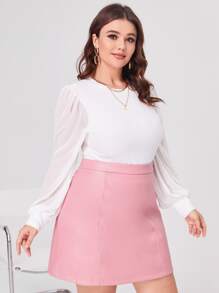 SHEIN Clasi áo nữ kích thước lớn Tương phản Mesh cắt Gân đan màu trơn Giải trí - trắng - Xem 3