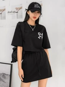 DAZY Letter Graphic Drop Shoulder Tee & Skirt - Black - View 1