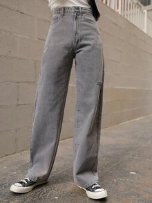 DAZY Quần jean nữ Nút Túi Bị tách Dây kéo màu trơn - Xám - Xem 2