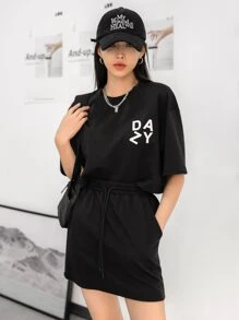 DAZY Letter Graphic Drop Shoulder Tee & Skirt - Black - View 3