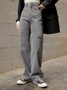 DAZY Quần jean nữ Nút Túi Bị tách Dây kéo màu trơn - Xám - Xem 3