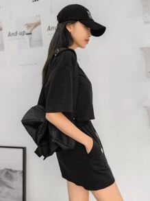 DAZY Letter Graphic Drop Shoulder Tee & Skirt - Black - View 4