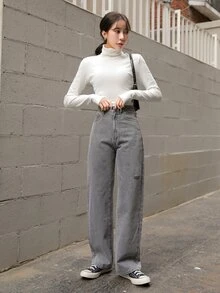 DAZY Quần jean nữ Nút Túi Bị tách Dây kéo màu trơn - Xám - Xem 4